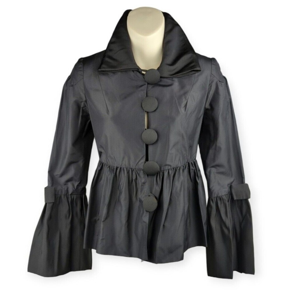 Julie Haus Black Taffeta Jacket Big Buttons Mod Victorian Sleeve Bows Peplum XS
